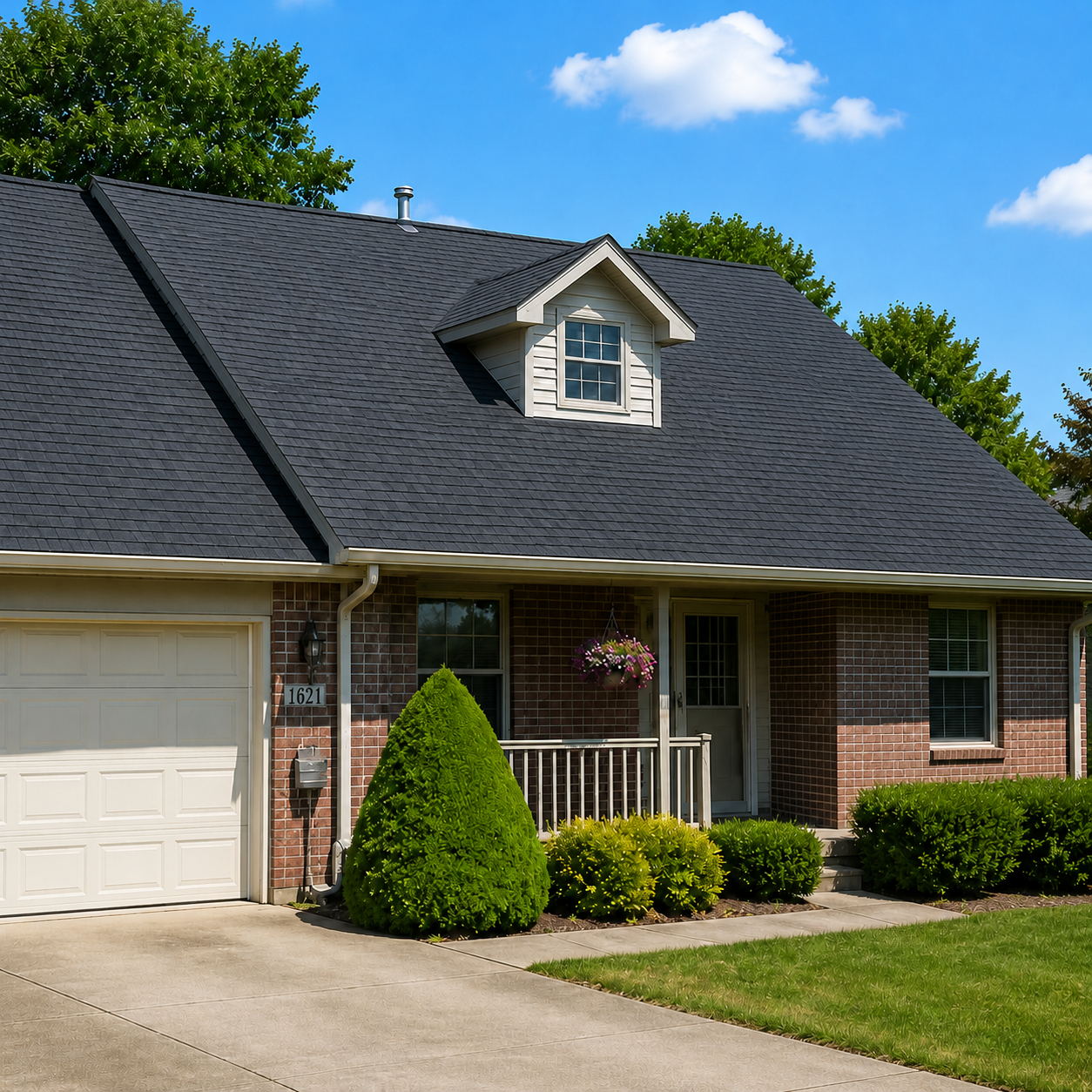 New dark architectural shingle roof after replacement