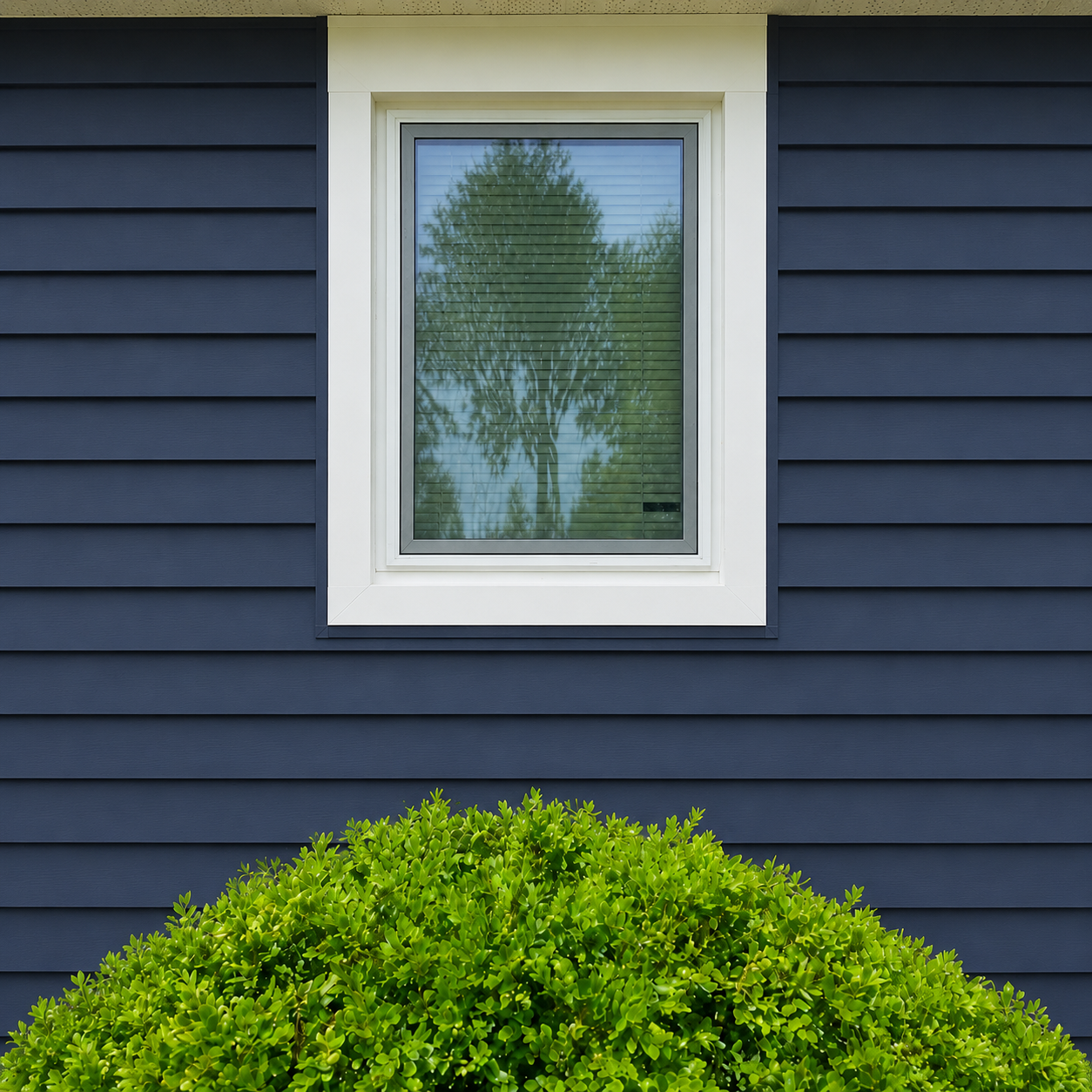 Window and blue siding after exterior remodeling