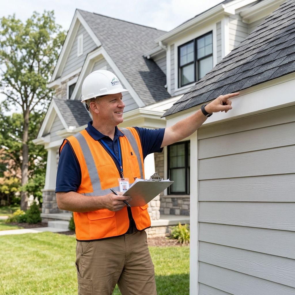 Contractor inspecting home exterior and explaining options