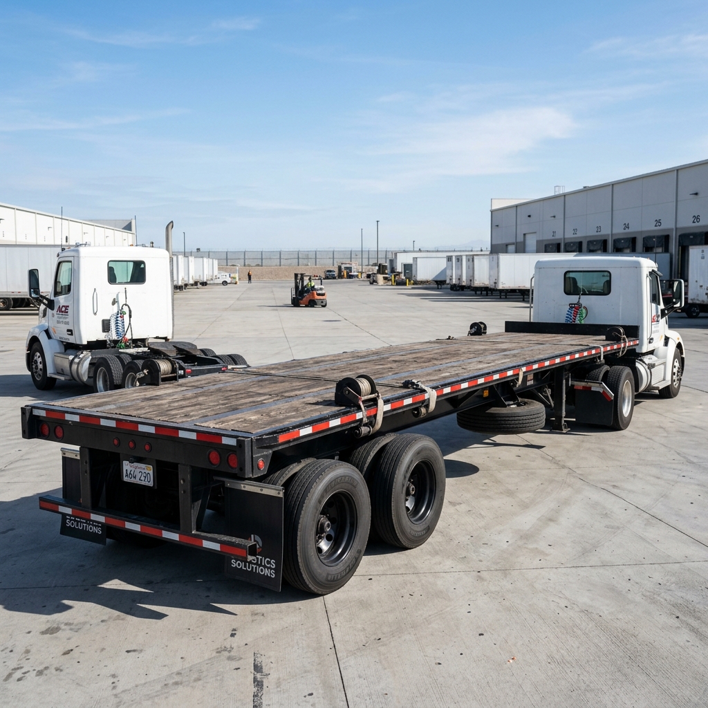 Empty flatbed trailer parked in yard
