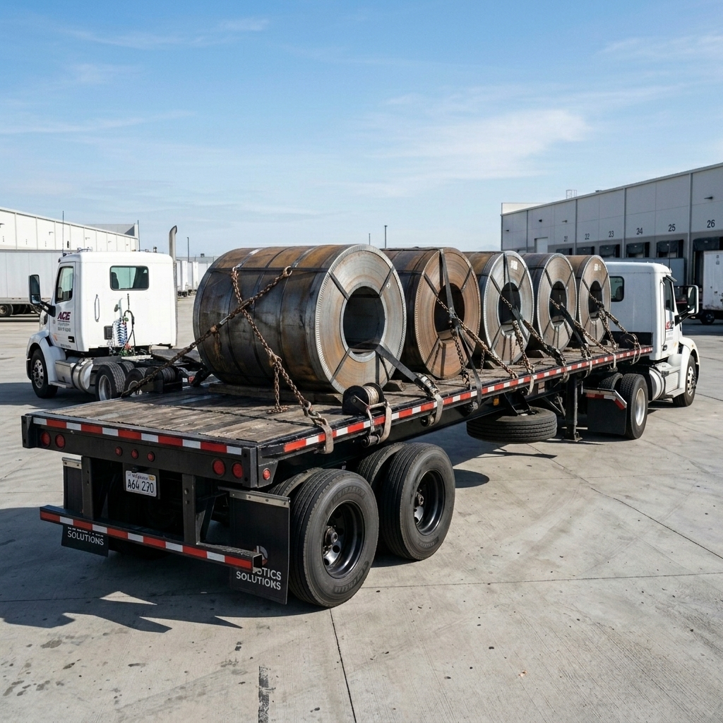 Fully secured flatbed steel coils load