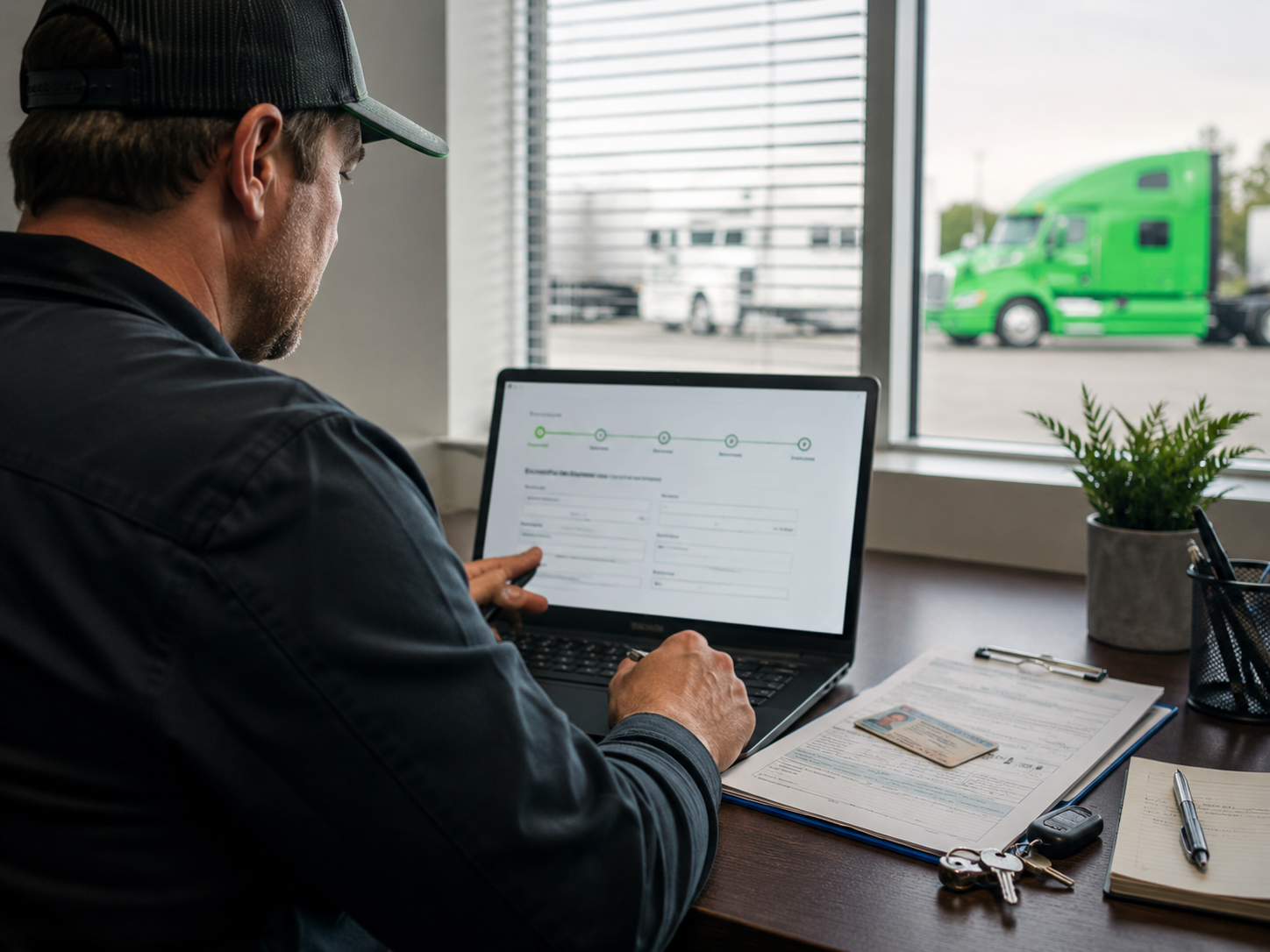Onboarding coordinator reviewing driver registration forms on a laptop