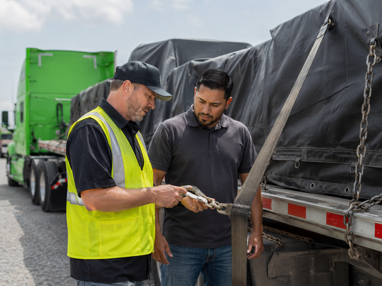 Instructor teaching driver cargo securement strapping guidelines