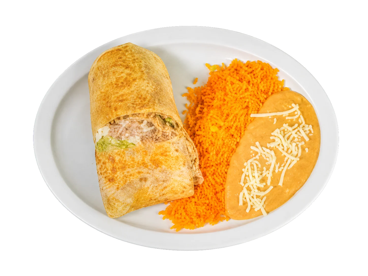 Burrito dinner with rice and refried beans