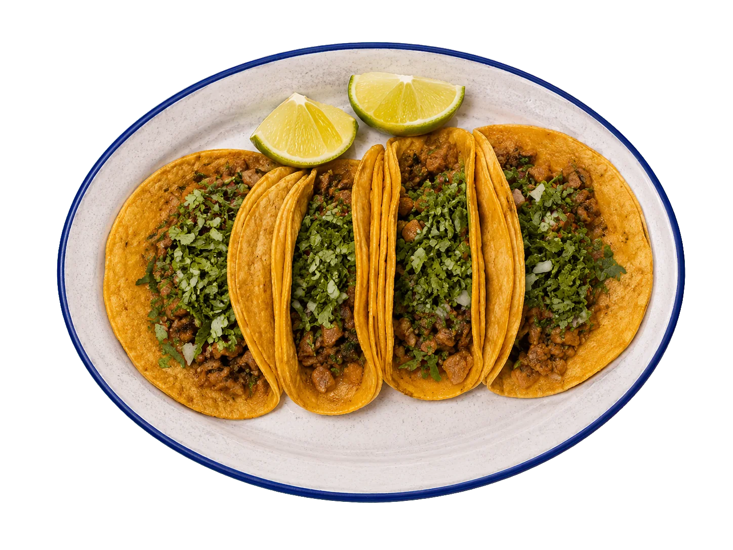Four tacos with onion, cilantro and lime